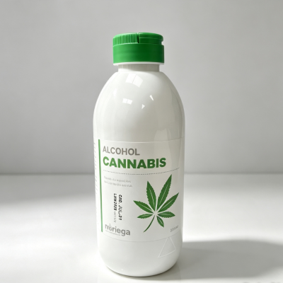 Frasco plástico branco com tampa verde e etiqueta de álcool cannabis