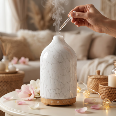 Difusor de aroma branco com base de madeira libertando vapor com mão a pingar líquido no topo.