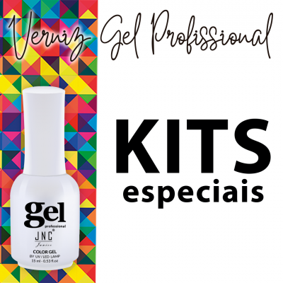 Verniz gel profissional JNC em embalagem branca com fundo colorido e texto 'KITS especiais'.