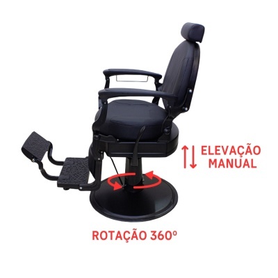 Cadeira de barbeiro preta com elevação manual e rotação 360º