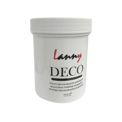 Recipiente branco com tampa, texto 'Larry DECO' e descrição do produto em várias línguas.