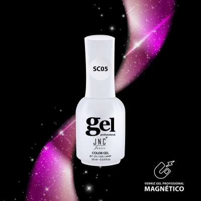 Frasco de verniz gel profissional branco com padrão brilhante rosa e roxo ao fundo