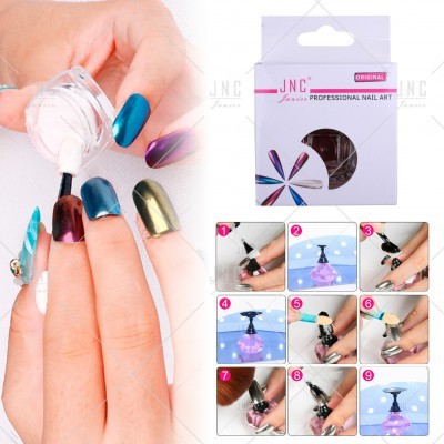 Conjunto JNC para nail art profissional com aplicador e unhas coloridas metálicas.