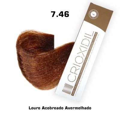 amostra de cabelo louro acobreado avermelhado e embalagem branca e castanha da marca CROIXXDIL