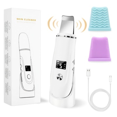Dispositivo elétrico branco para limpeza de pele com ecrã digital e acessórios