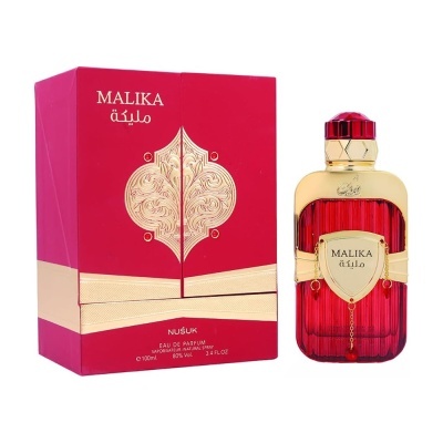 Perfume MALIKA NUÔSUK com embalagem vermelha e detalhes dourados