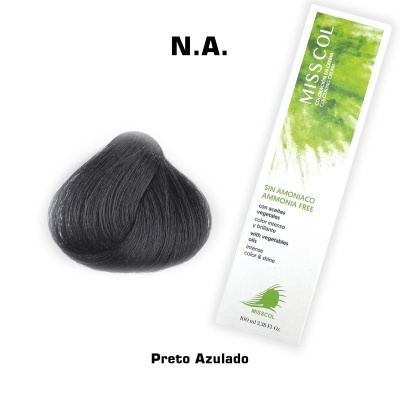 Amostra de cor de cabelo preto azulado com caixa branca e verde MISS COL