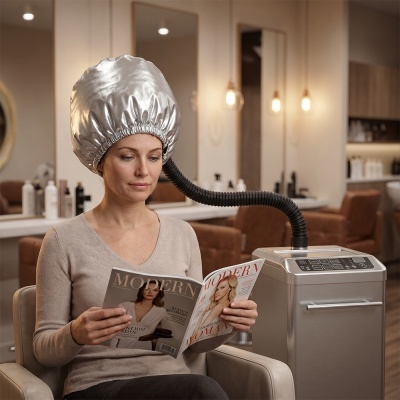 Mulher com chapéu térmico prateado num salão lendo revista MODERN