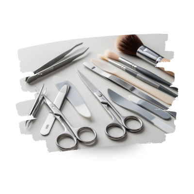 Conjunto de ferramentas de manicure em aço inoxidável e plástico sobre fundo branco