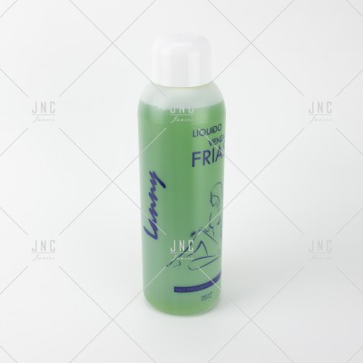 Frasco verde de plástico com tampa branca e texto LIQUIDO JENNY FRIA