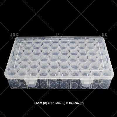 Caixa plástica transparente com 48 compartimentos circulares e tampa