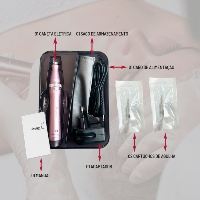 Conjunto de caneta elétrica rosa com acessórios organizados em embalagem preta.