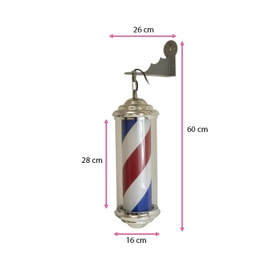 Barbeador clássico cilíndrico com riscas vermelho, branco e azul e estrutura metálica prata