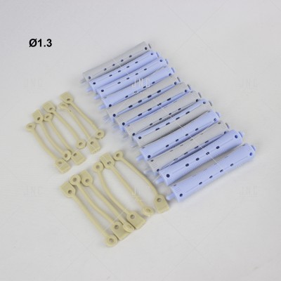 Rolos de plástico azul claro com presilhas amarelo claro e texto Ø1.3