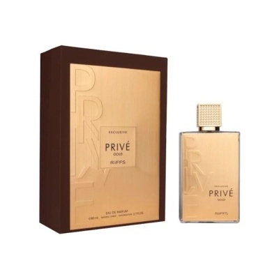 Perfume PRIVÉ Gold Ruffs com embalagem castanha e dourada