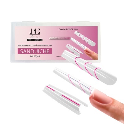 Extensões de unhas artificiais brancas com linhas rosa e estojo transparente com etiqueta rosa