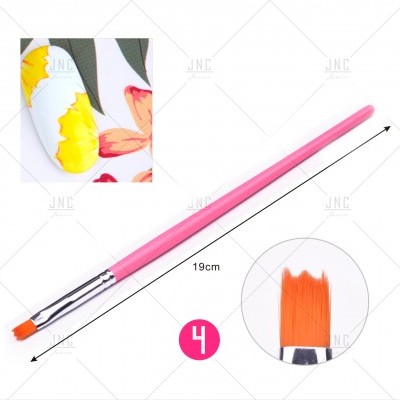 Pincel para unhas rosa com cerdas laranjas em fundo branco.
