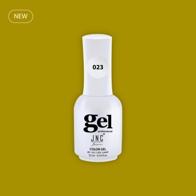 Frasco branco de verniz gel profissional JNC com rótulo e número 023