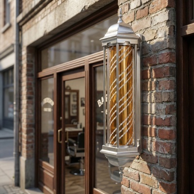 Lanterna de parede prateada com vidro e padrão espiral dourado em parede de tijolos