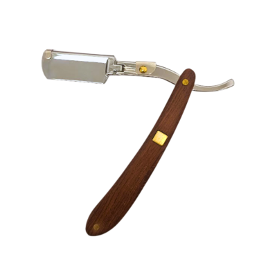 Navalha de barbear metálica com cabo de madeira escura e detalhes dourados