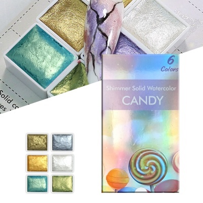 Paleta cintilante de aquarela sólida em 6 cores metálicas com embalagem holográfica