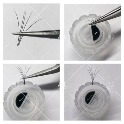 Pestanas artificiais finas manipuladas com pinça sobre recipiente e fundo branco