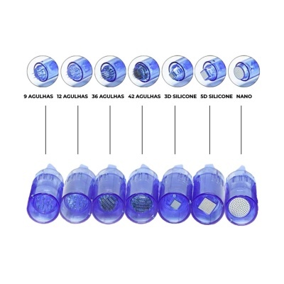 Seis cabeças de microagulhamento azuis translúcidas com diferentes punções e etiquetas