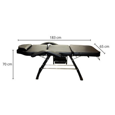 Cama de massagem preta com dimensões indicadas