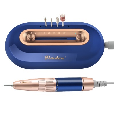 Aparelho elétrico azul e dourado para manicure com brocas e mostrador de controlo