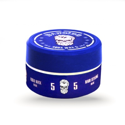 Pote azul de cera para cabelo com texto e ilustração de crânio estilizado