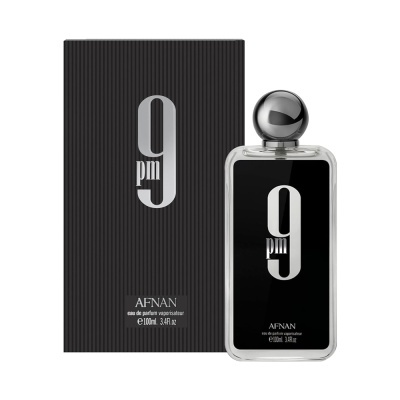 Perfume Afnan 9 pm em frasco transparente com tampa prateada e embalagem preta