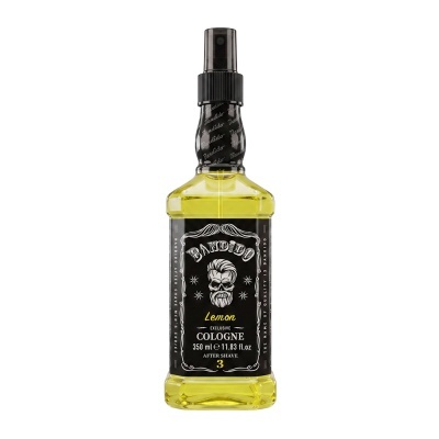 Frasco amarelo de colónia Bandido Lemon com tampa de spray preta e etiqueta preta com caveira e texto