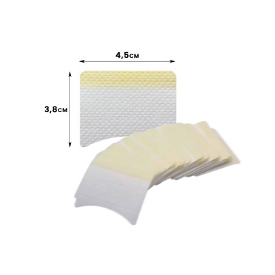 Almofadas adesivas retangulares para sobrancelhas, brancas e amarelas, com medidas visíveis.