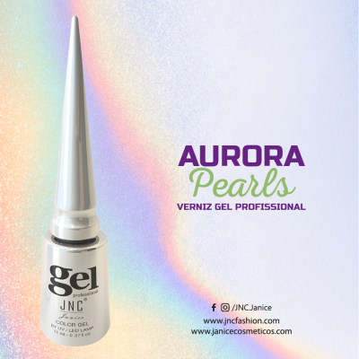 Frasco de verniz gel branco com tampa longa e texto preto em fundo iridescente com texto AURORA Pearls.