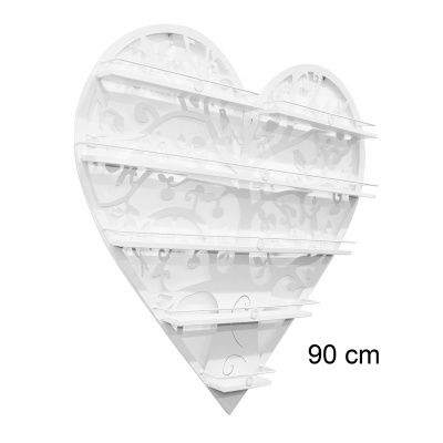 Estante em forma de coração decorativa branca com prateleiras e padrões florais
