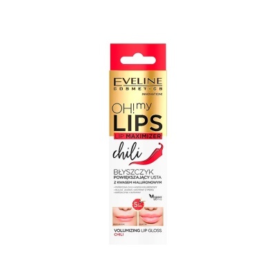 Embalagem de brilho labial Eveline Cosmetics OH my LIPS Lip Maximizer chili em fundo branco