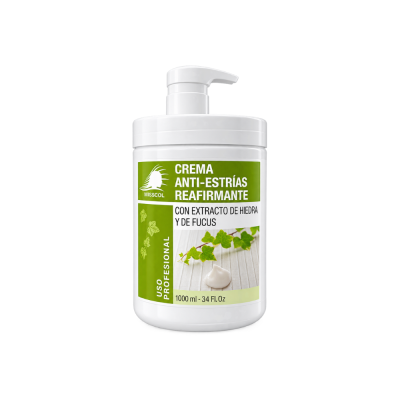 Frasco branco de creme anti-estrias reafirmante com rótulo verde e doseador