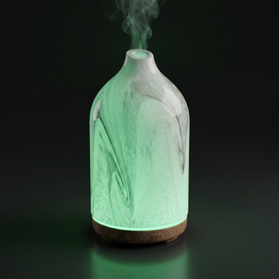 Difusor de aromas em vidro branco translúcido com base em madeira clara e luz verde em funcionamento