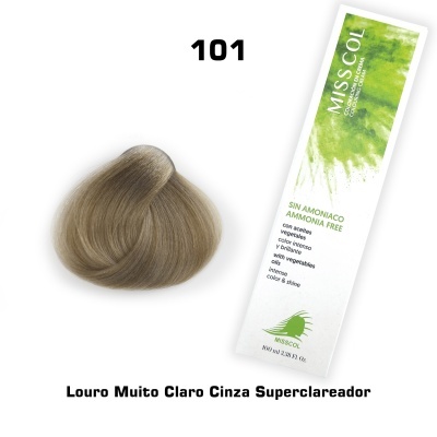 Amostra de cabelo louro muito claro cinza com embalagem branca e verde