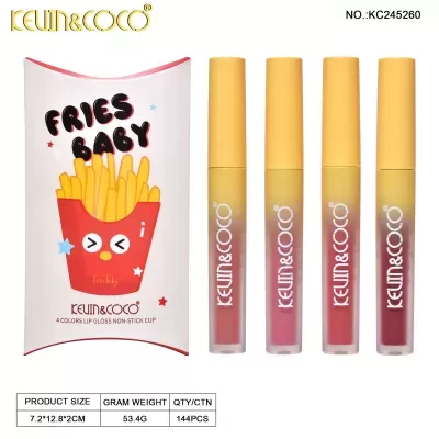 Conjunto de glosses labiais KEVIN&COCO com embalagem ilustrada de batatas fritas