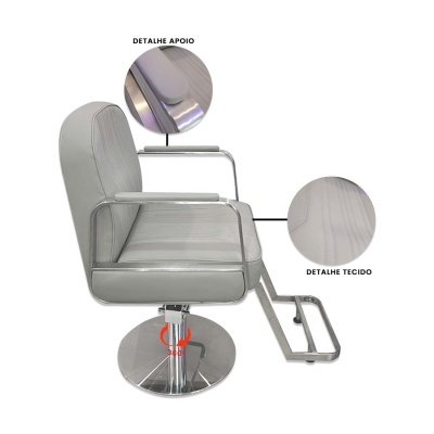 Cadeira de salão cinza com apoios metálicos e detalhe de tecido