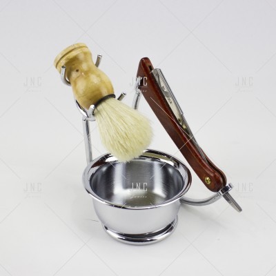 Conjunto de barbear com pincel, navalha e tigela em suporte metálico