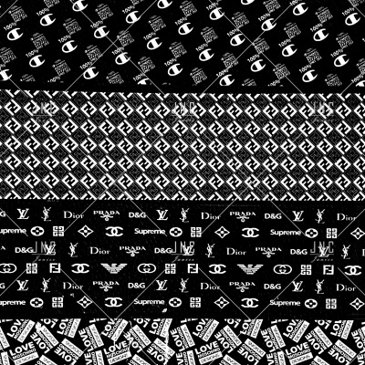 Padrões de logotipos de marcas famosas em faixas horizontais pretas e brancas