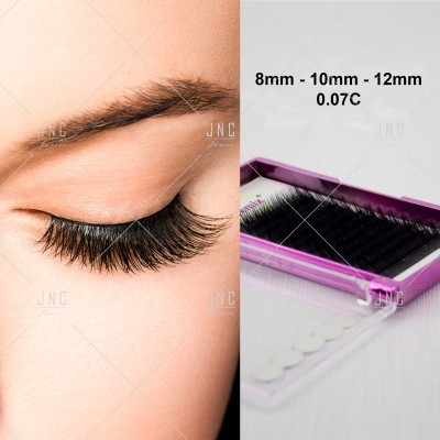 Extensões de pestanas 8mm, 10mm, 12mm espessura 0.07C com olho fechado ao lado