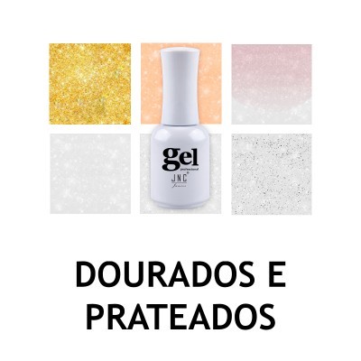 Frasco de verniz gel branco com cinco amostras de glitter dourado e prateado e texto 