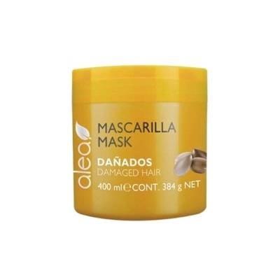 Máscara Alea para cabelo danificado em embalagem amarela com sementes