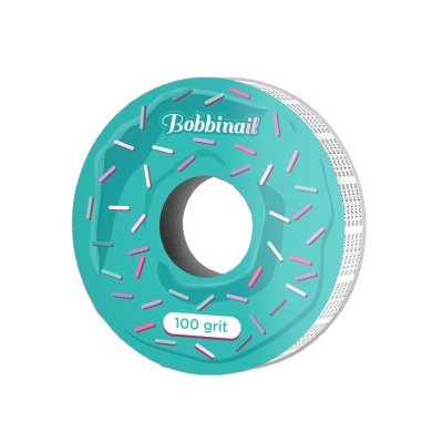 Rolo abrasivo azul turquesa com padrões rosa e branco e texto 'Bobbinail' e '100 grit'