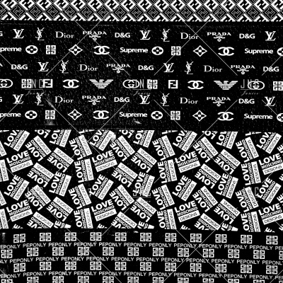 Padrões têxteis preto e branco com logótipos de marcas e textos repetidos