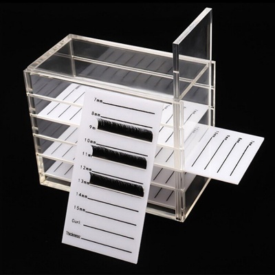 Organizador transparente de acrílico para pestanas falsas com ficha de medidas 7mm a 15mm