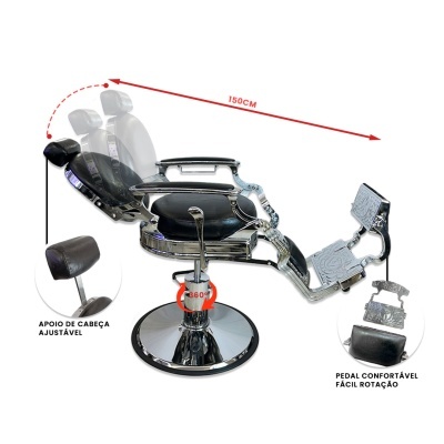 Cadeira de barbeiro reclinável em couro preto com base cromada e apoio ajustável